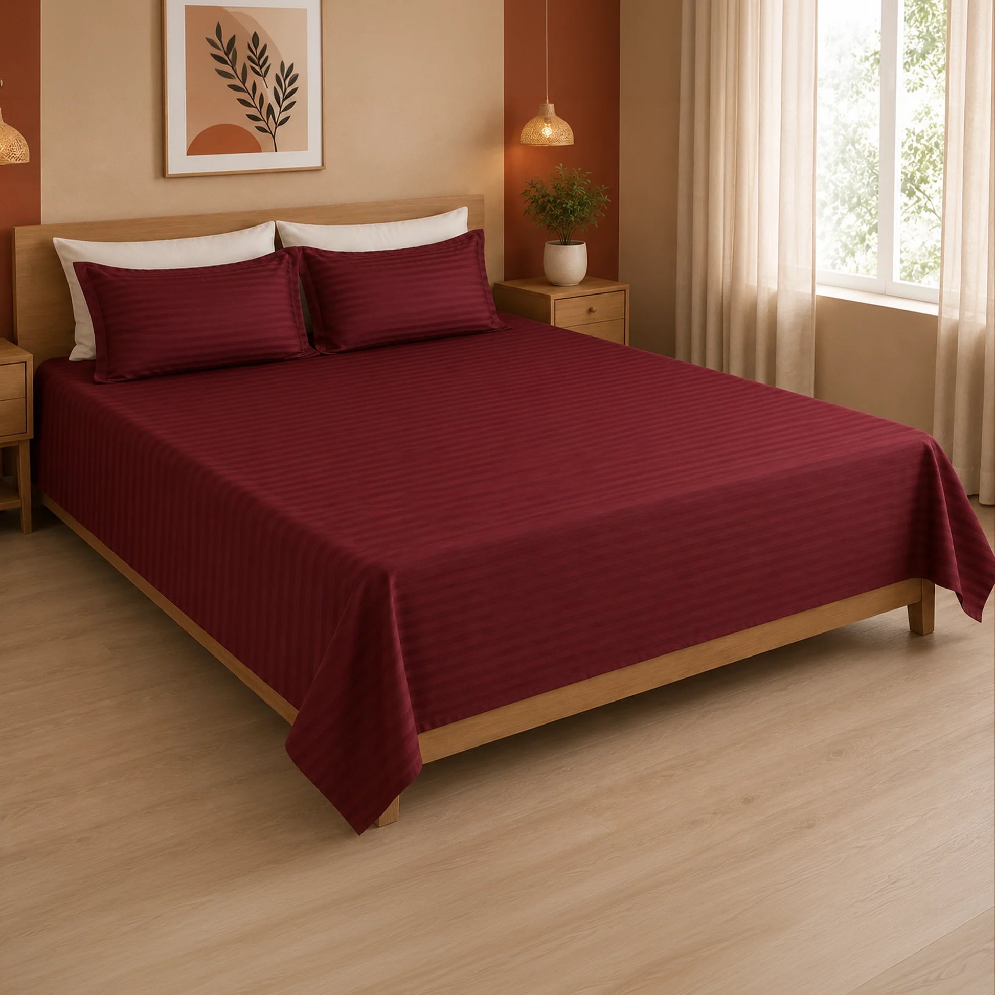 Breton Nap - Satin Stripes Bedsheet (Maroon)-7