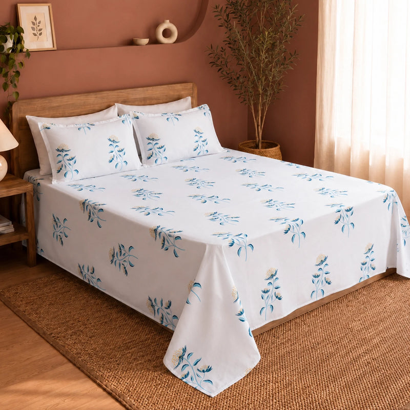 Wild Grace Flower - Floral Bedsheet (Turquoise & Blue)-7