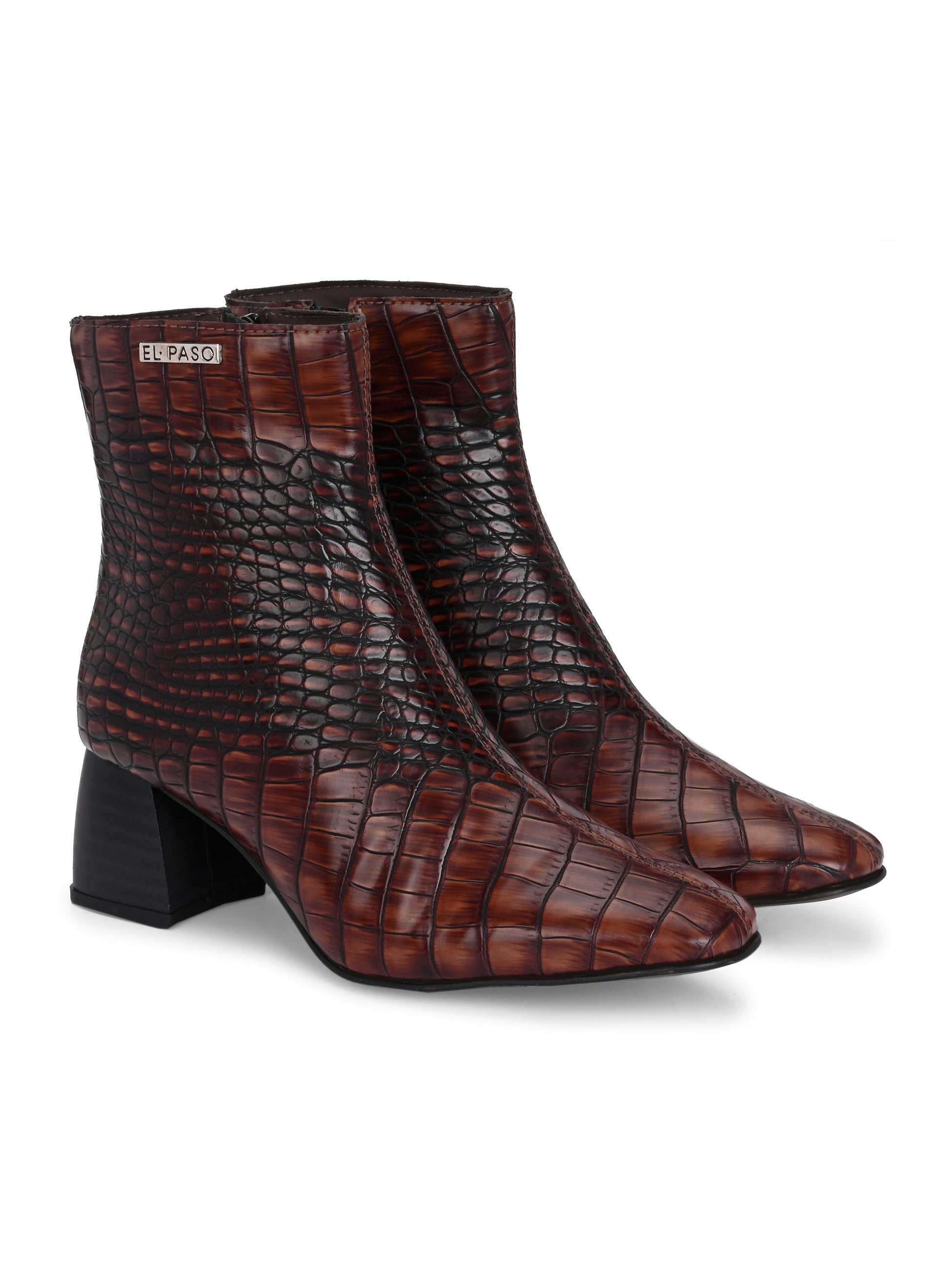 Black croc-embossed ankle boot with block heel and El Paso branding