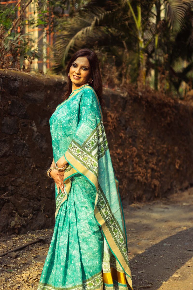 Cotton Kasavu Saree,Tree of Life Design • Sea Green-1