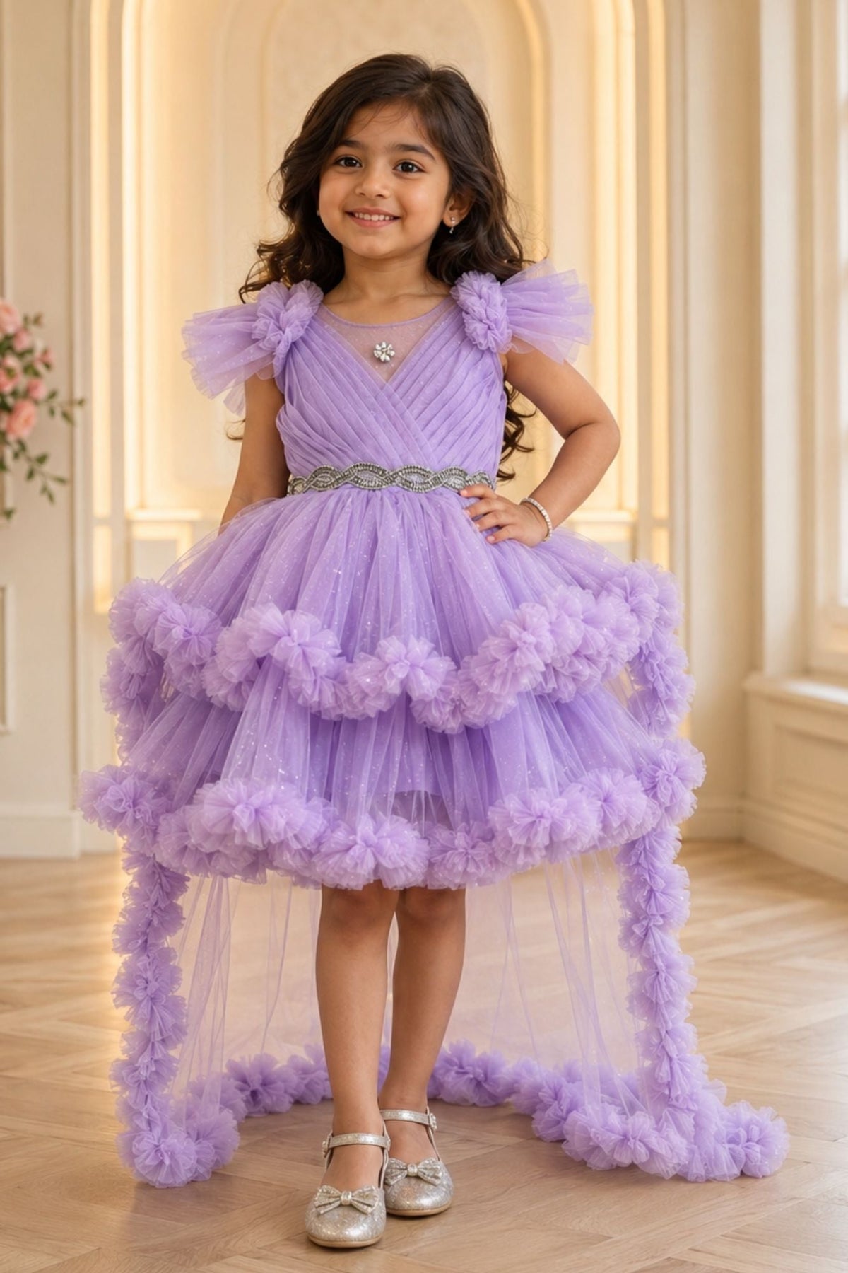 Lavender Layered Ruffle High-Low Party Wear Frock For Girls