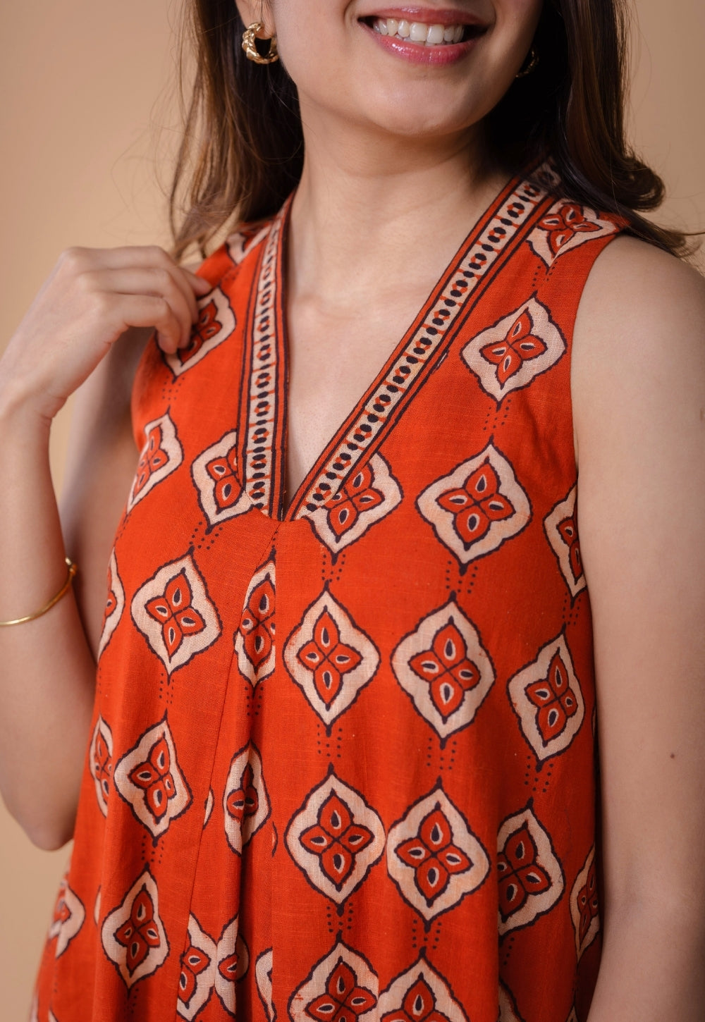 Arisha Orange Dabu Slub Cotton A Line Dress