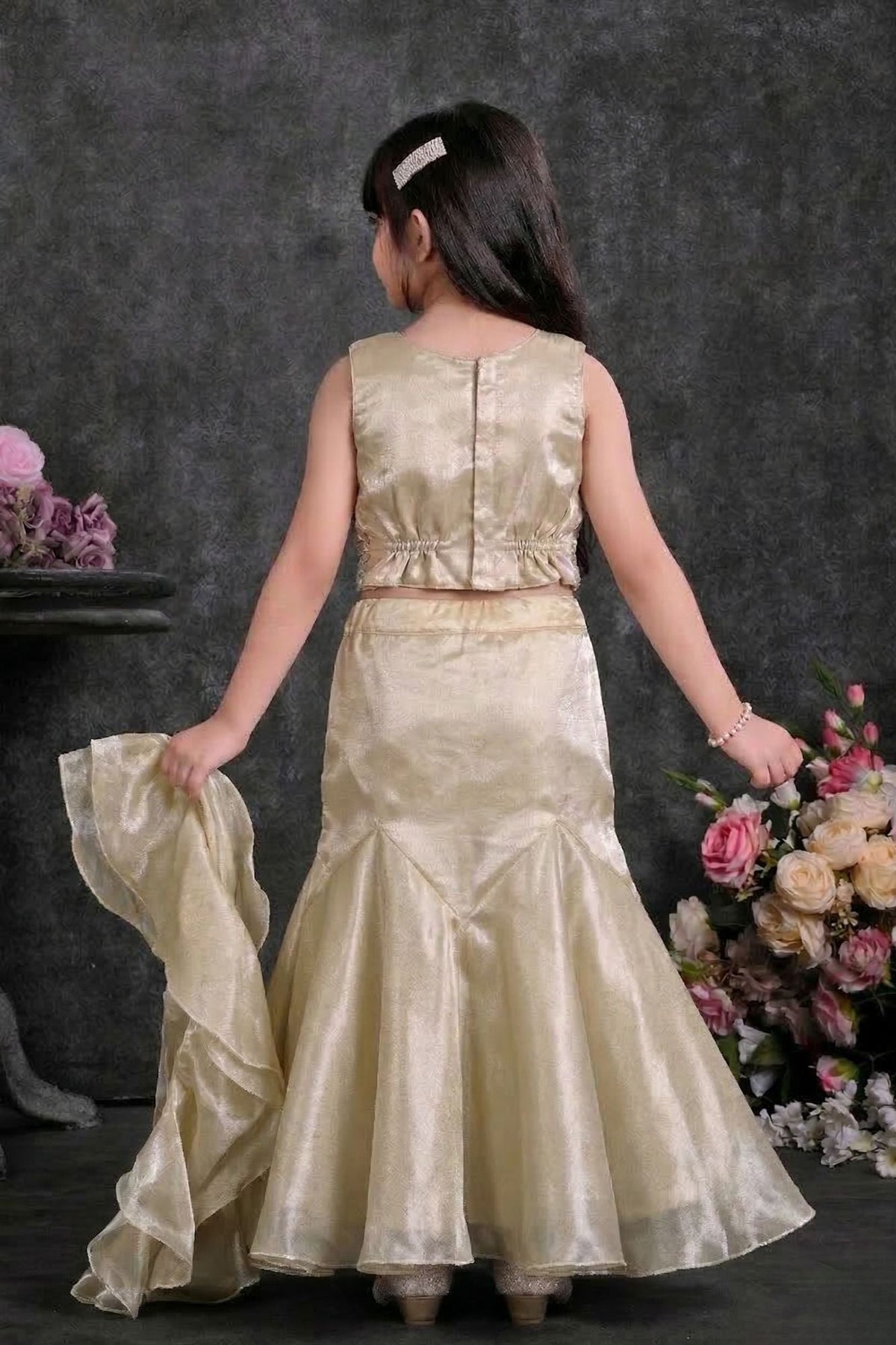 Fawn Sequin Embroidered Lehenga Choli Set For Girls