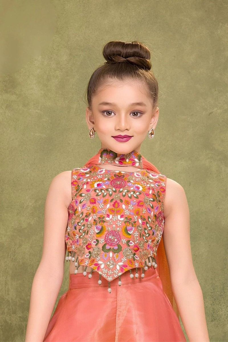 Orange Sequins Work With Thread Embroidery For Palazzo Set For Girls
