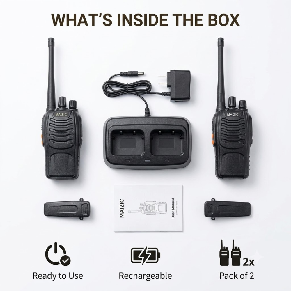 Maizic Smarthome Portable Walkie Talkie Set | 5 KM Long Range Two-Way Radio | 16 Channel 27MHz CB Radio | Rechargeable Handheld Communication Device for Security, Hiking & Travel (Black, Pack of 2)