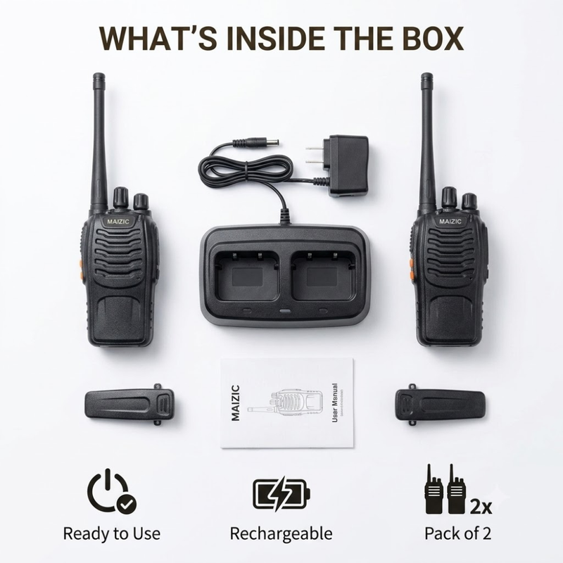 Maizic Smarthome Portable Walkie Talkie Set | 5 KM Long Range Two-Way Radio | 16 Channel 27MHz CB Radio | Rechargeable Handheld Communication Device for Security, Hiking & Travel (Black, Pack of 2)