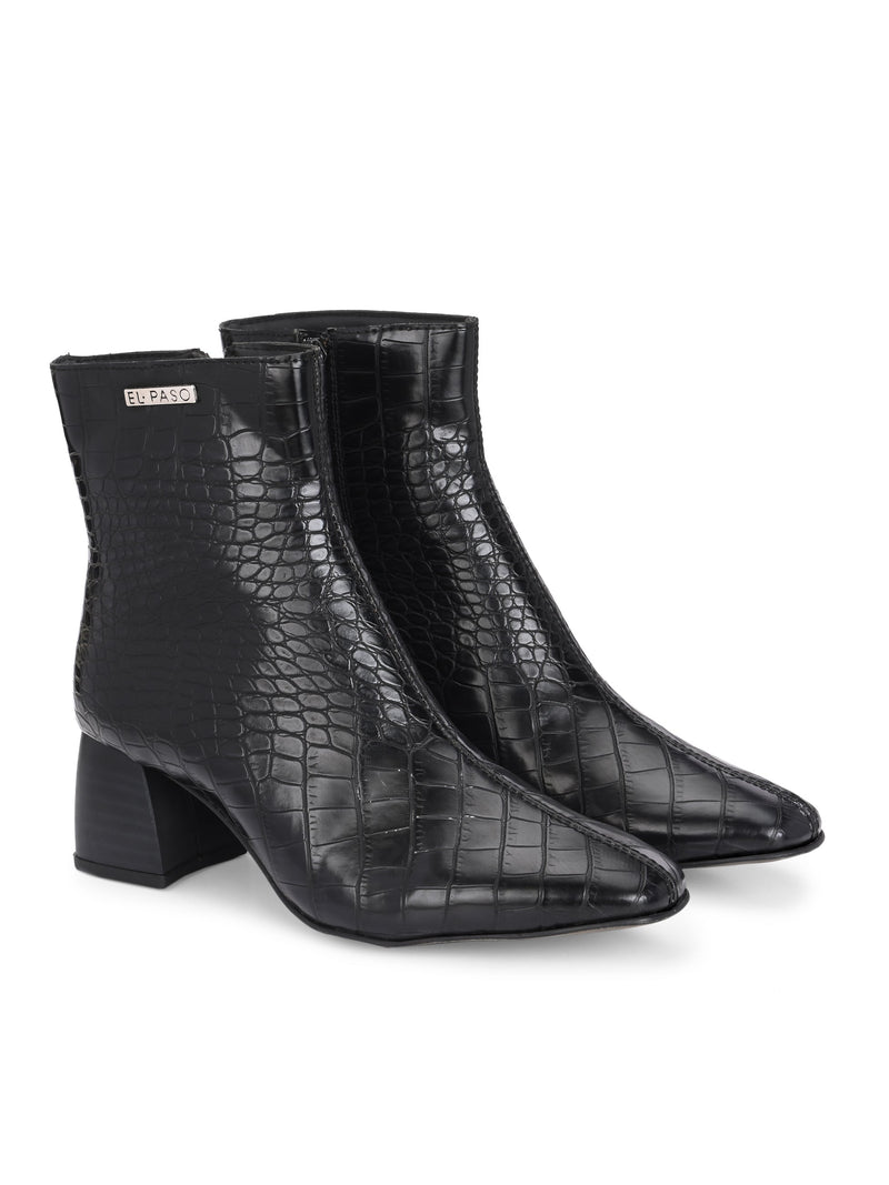 Black croc-embossed ankle boot with block heel and El Paso branding