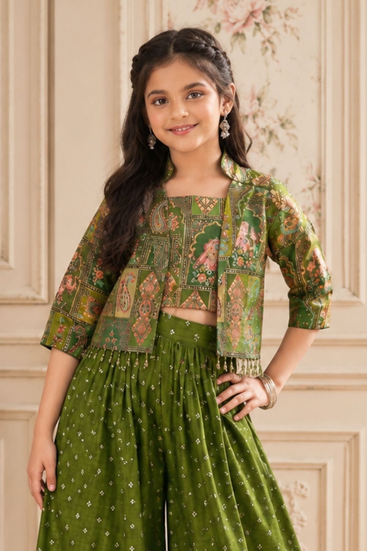 Girls Olive Green Printed Palazzo Set with Jacket and Palazzo Pants