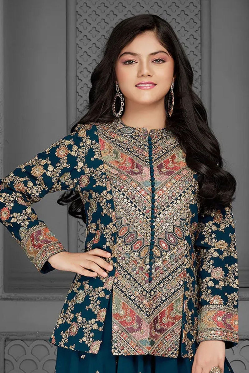 Blue Embroidered Palazzo Set with Jacket for Girls