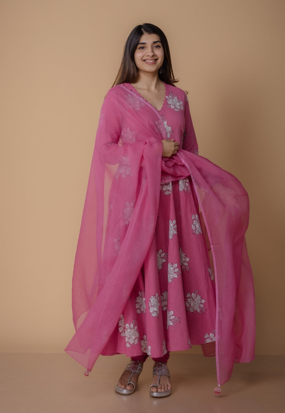 Ruvika Pink Dabu Slub Cotton A Line Kurta