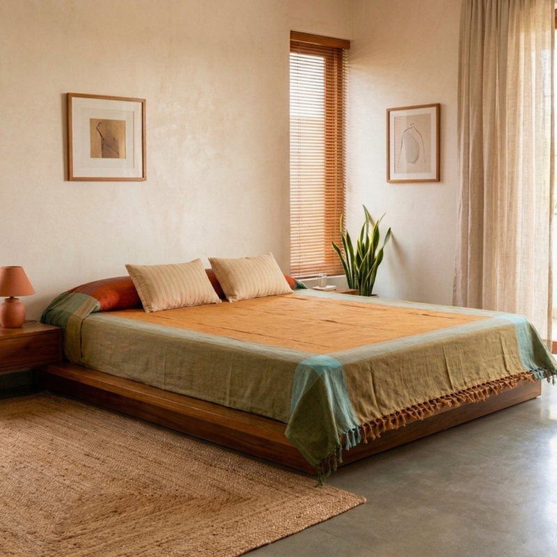 Cotton Bed Cover Handwoven in Honey Mustard Colour