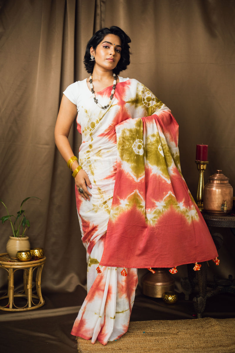 Cotton Mul Tie Dye Saree Green Earth-7