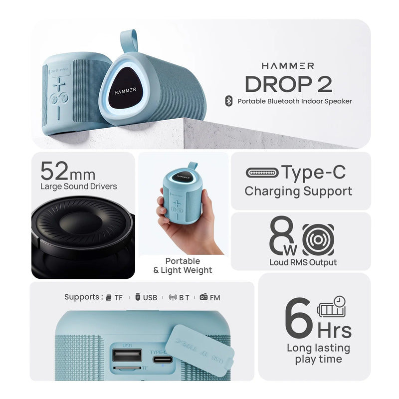 HAMMER Drop 2 8W Bluetooth Speaker, USB/TF/FM, TWS Function, Bluetooth V6.0, Type C Charging (Blue)-7