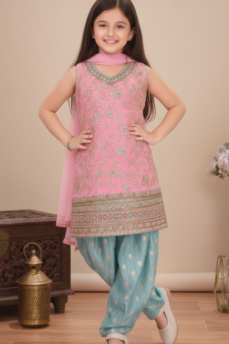Pink Sleeveless Kurti with Foil-Print Teal Patiala And Dupatta For Girls