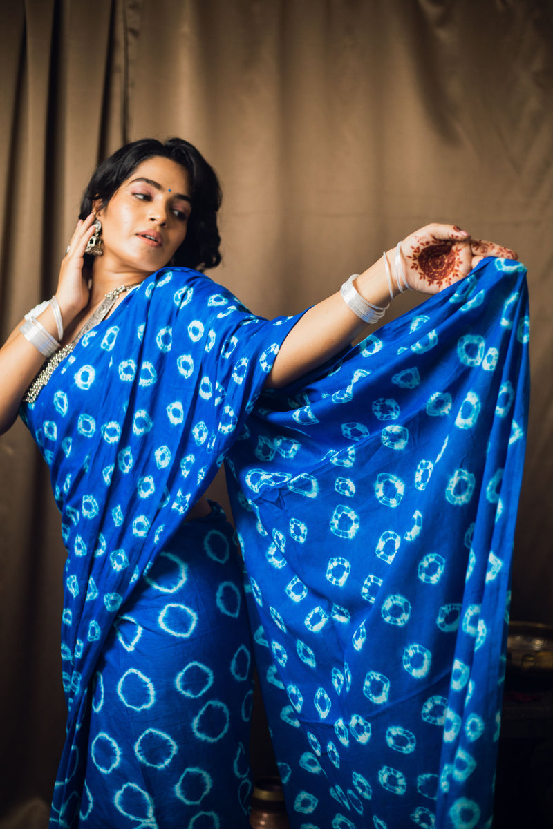 Cotton Mul Tie Dye Saree Blue Bindu-8