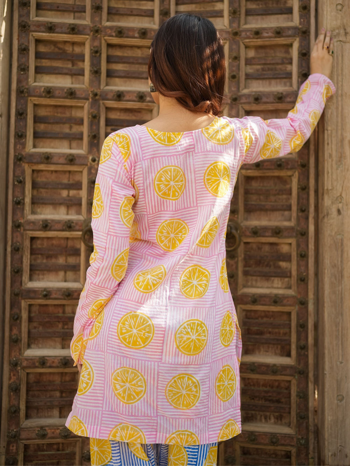 Summer Lemon Sorbet Pink Cotton Kurta Set with Handblock Farshi Salwar