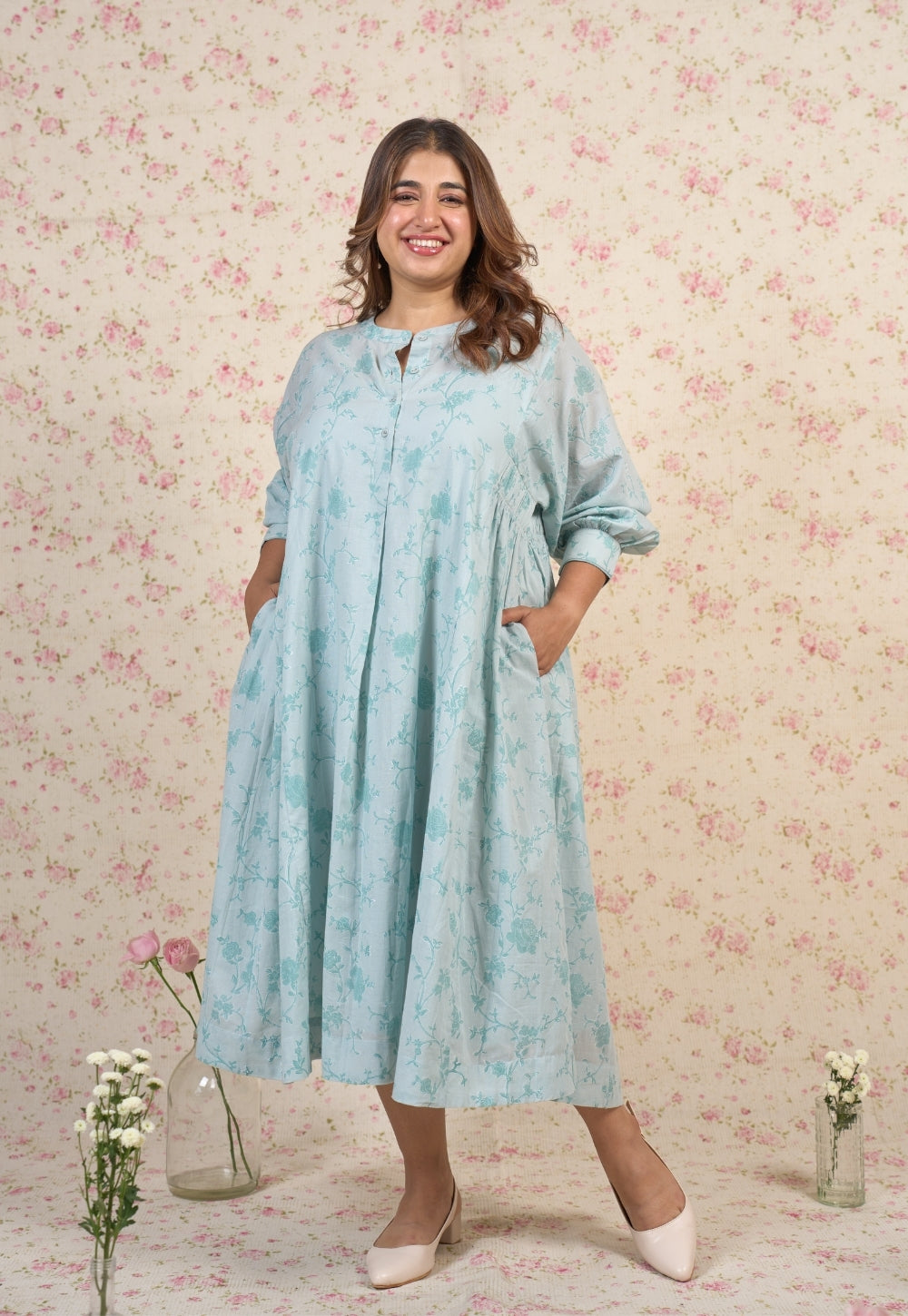 Clara Blue Floral Sanganeri Mul Cotton A Line Dress