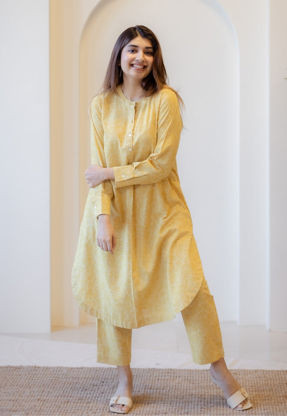 Asma Mustard Hand Block Print Slub Cotton A Line Kurta with Hand Embroidery