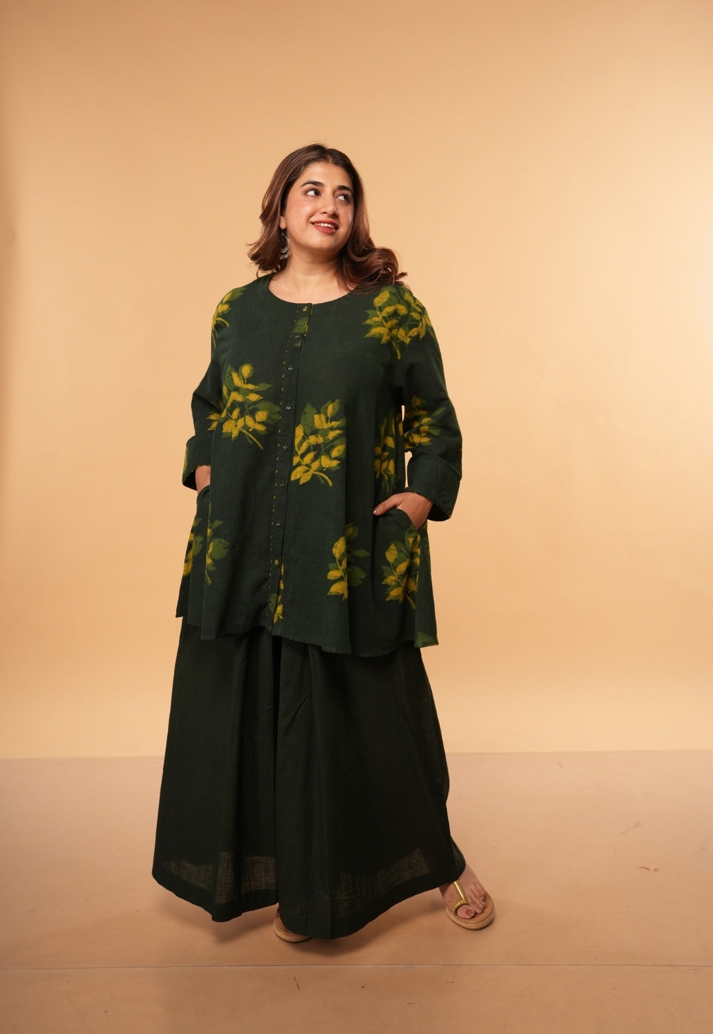 Urva Green Dabu Slub Cotton A Line Short Top