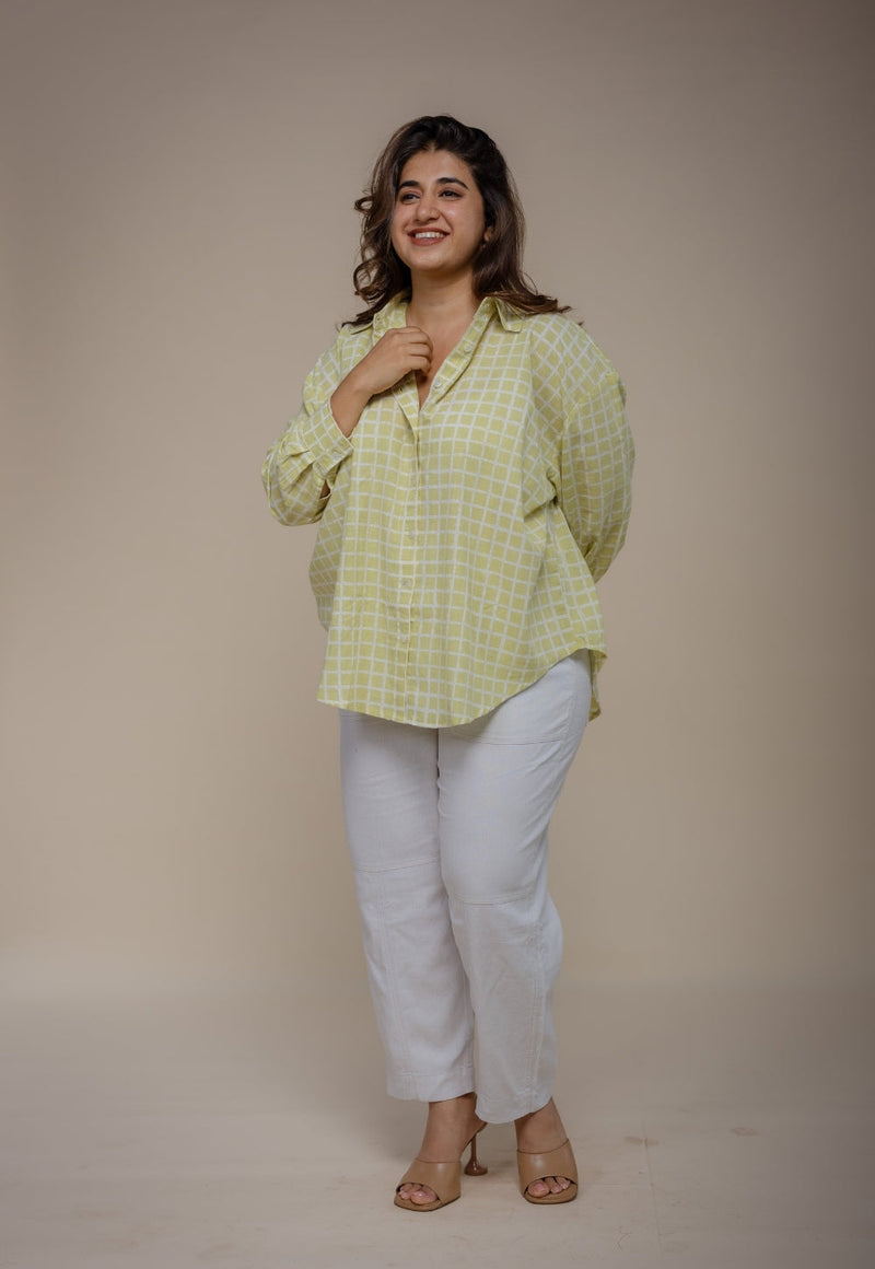 Ruhi Green Hand Block Print Slub Cotton Anti-Fit Shirt