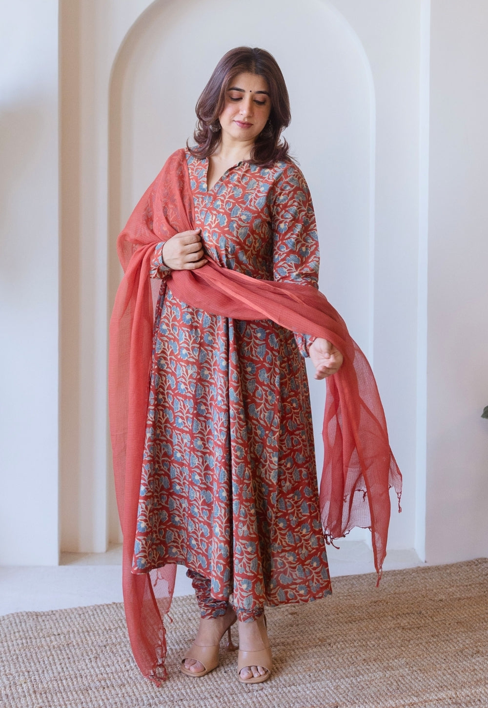 Shinat Red Ajrakh Cotton Kali Kurta with Hand Embroidery