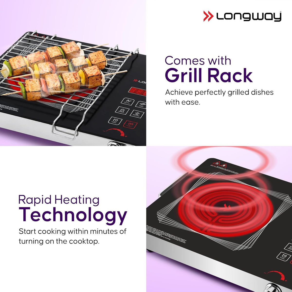 LONGWAY Longway Infralite Pro 2200W Infrared Hot Plate Cooktop with Steel Grill Rack, Crystal Glass Top, Touch Panel & Digital Display, 4 Preset Modes – Stir Fry, BBQ, Hot Pot & Steam, Black - image 7