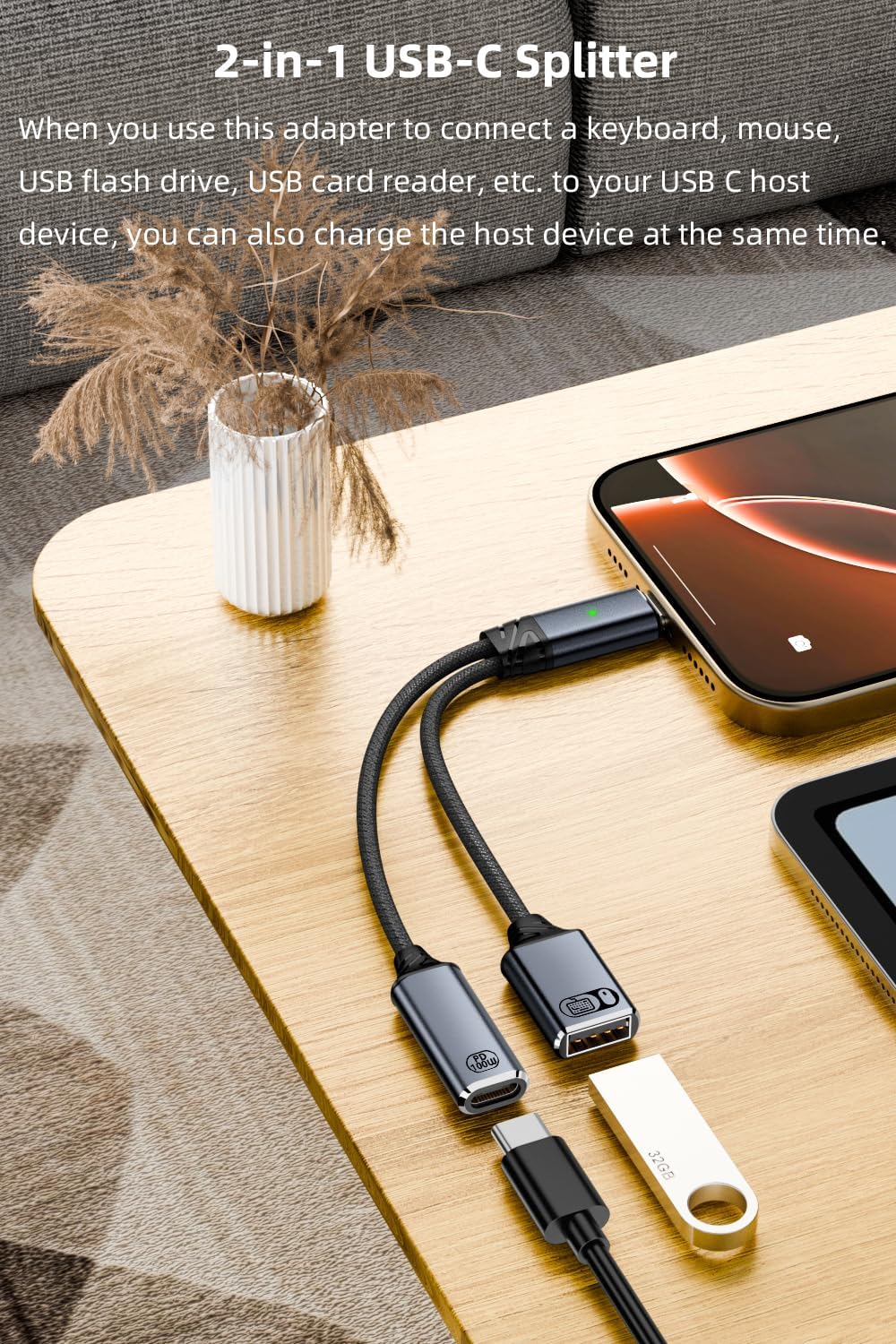 WISTAR WISTAR USB C to USB OTG Cable and Charger Adapter, 2-in-1 USB-C Splitter with 100W Fast Charging for iPhone 16/15 Series, iPad, MacBook, Galaxy S24/S23 and More-Grey No for Power and Video Output - image 4