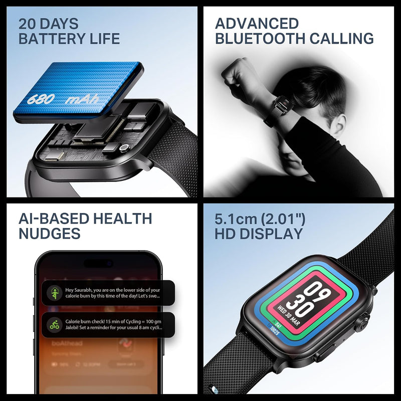 boAt New Launch Storm Infinity Max, 20 Days Maximum Battery, Biggest Battery Capacity Ever! 2.01" (5.1cm) Display, Functional Crown, AI Nudges, BT Calling, Smart Watch for Men & Women (Active Black)