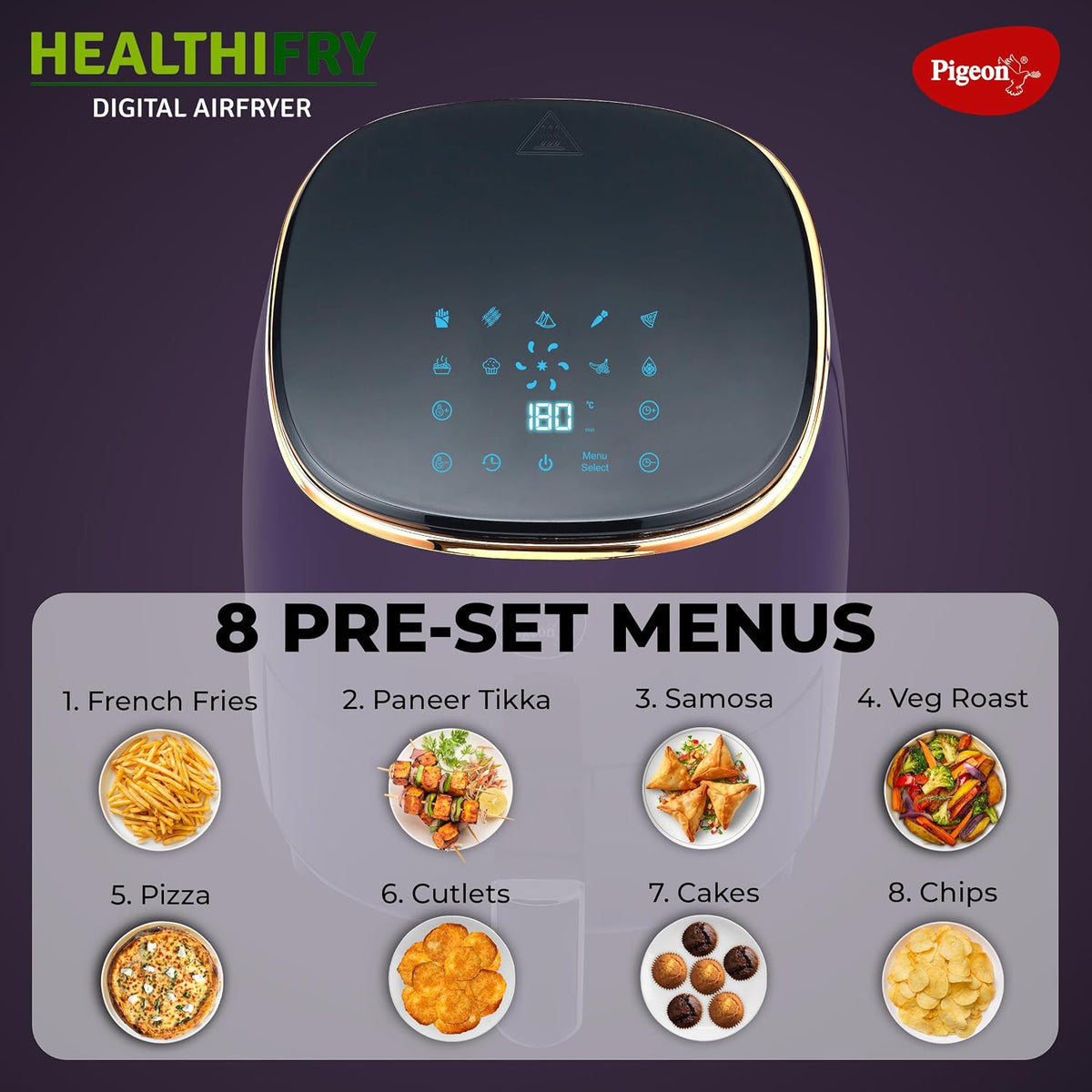 Pigeon Pigeon Healthifry Plus Digital Air Fryer, 360° High Speed Air Circulation Technology 1400 W with Non-Stick 4.2 L Basket - Purple - image 3