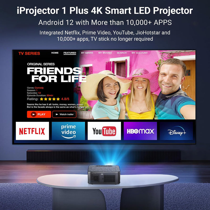 XElectron iProjector 1 Plus Smart Projector with Electric Focus & Auto Keystone | Native 1080P Full HD, 4K Support, Android 12, WiFi 6, Bluetooth 5.4, HDMI ARC, 20000 Lumens, 2GB+32GB, Home & Office