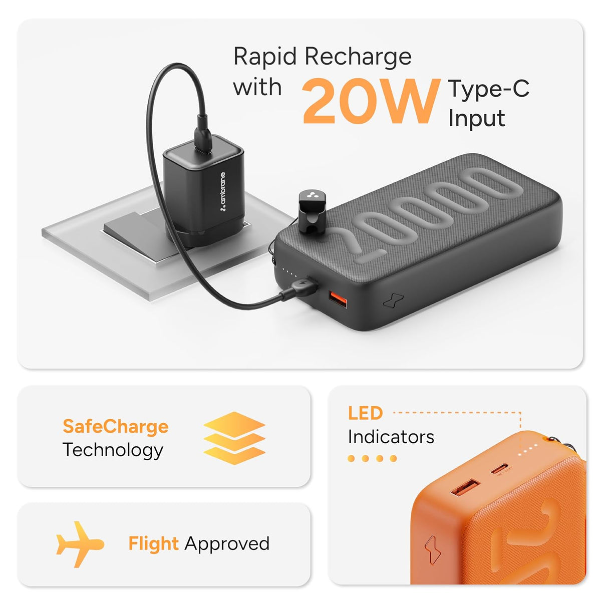 Ambrane 20000mAh Powerbank with in-Build Type C Cable, 22.5W Fast Charging, USB & Type C Output, Power Delivery, Quick Charge for iPhone, Android Mobile & Tablets, Earbuds, (Stylo N20, Purple)