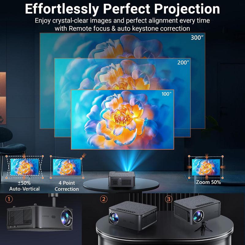 XElectron iProjector 1 Plus Smart Projector with Electric Focus & Auto Keystone | Native 1080P Full HD, 4K Support, Android 12, WiFi 6, Bluetooth 5.4, HDMI ARC, 20000 Lumens, 2GB+32GB, Home & Office