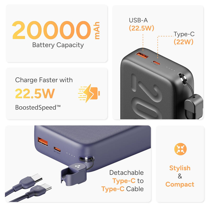 Ambrane 20000mAh Powerbank with in-Build Type C Cable, 22.5W Fast Charging, USB & Type C Output, Power Delivery, Quick Charge for iPhone, Android Mobile & Tablets, Earbuds, (Stylo N20, Purple)