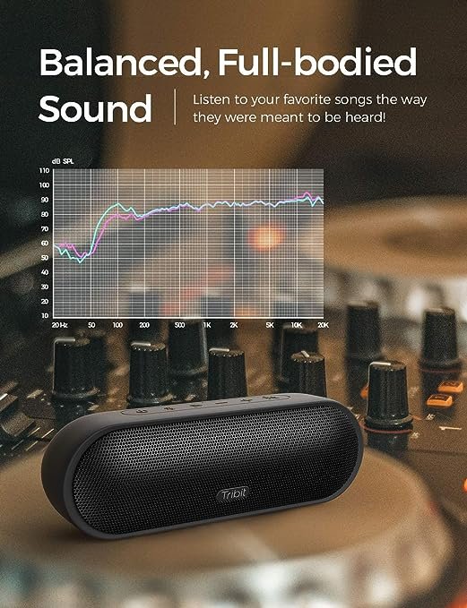 Tribit MaxSound Plus 24W Bluetooth Wireless Speakers,Powerful Louder Sound&amp;Exceptional XBass(Independent XBass Button),Built in Mic,IPX7 Waterproof,100ft BT Range for Party/Travel , Black