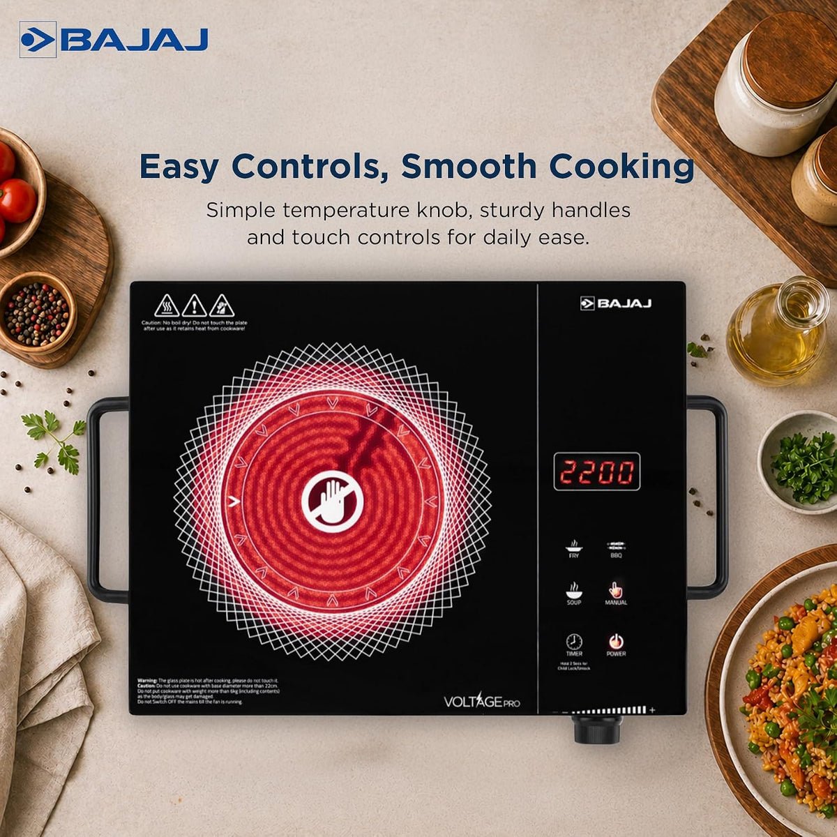 Bajaj Bajaj IRX 220F Infrared Induction Cooktop | 2200 Watts | 11 Power Level | 3 Preset Menu | Feather Touch Controls | Digital display | 1 Year Warranty 【Black/Silver】 - image 5