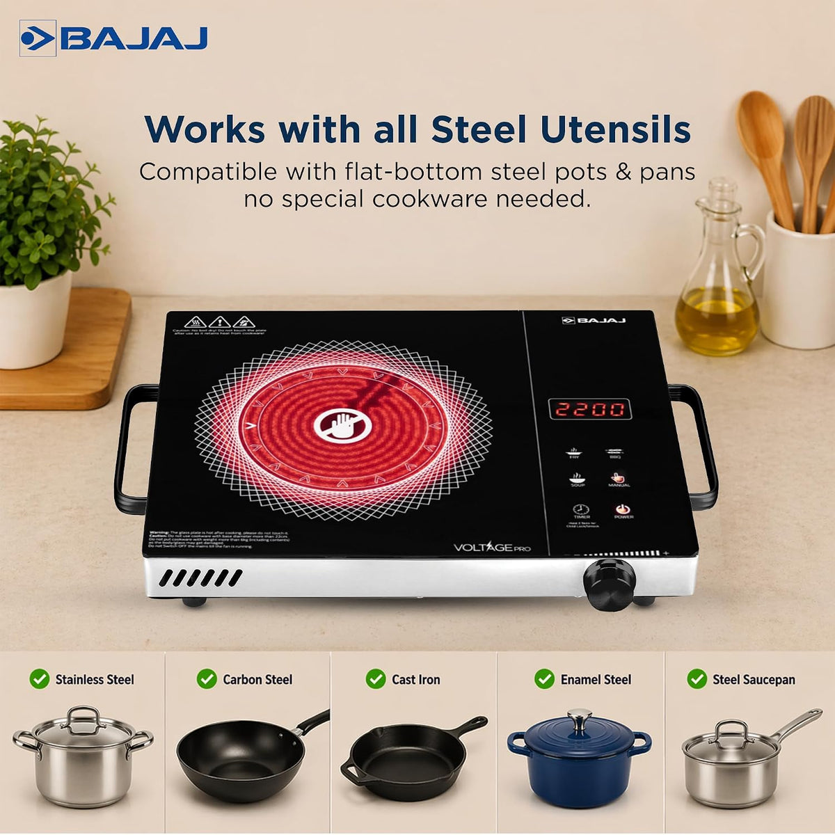 Bajaj Bajaj IRX 220F Infrared Induction Cooktop | 2200 Watts | 11 Power Level | 3 Preset Menu | Feather Touch Controls | Digital display | 1 Year Warranty 【Black/Silver】 - image 4
