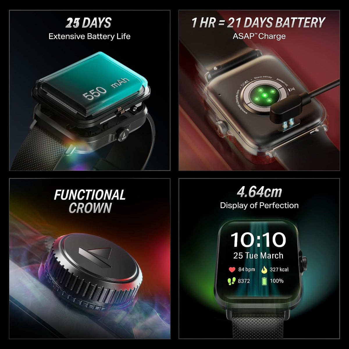boAt Storm Infinity w/21 Days Extensive Battery Life, BT Calling, Huge 550mAh Battery, Fast Charge, 1.83” (4.65cm) Display, HR, SpO2 & Sleep Tracking, Smart Watch for Men & Women (Active Black)