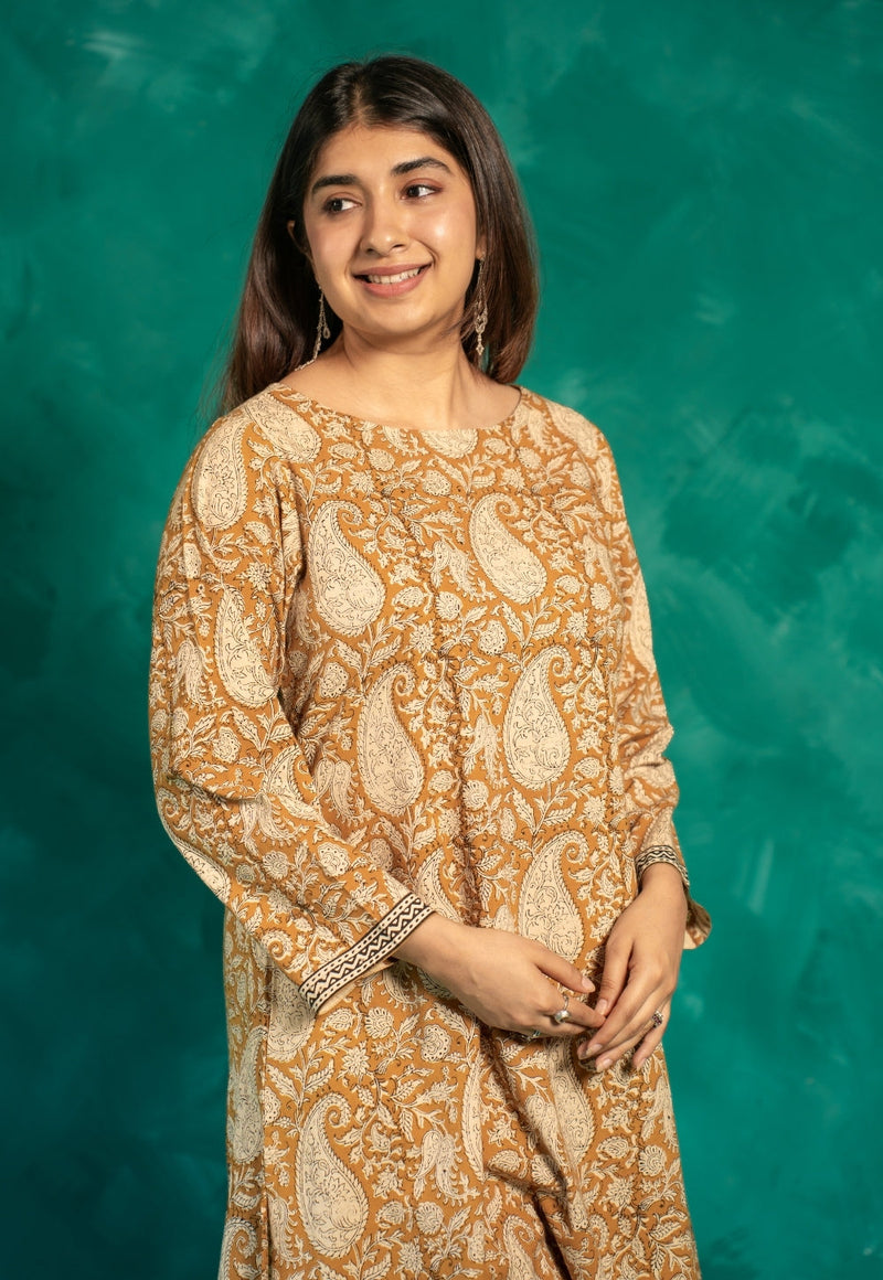 Zasha Yellow Bagru Cotton A Line Kurta