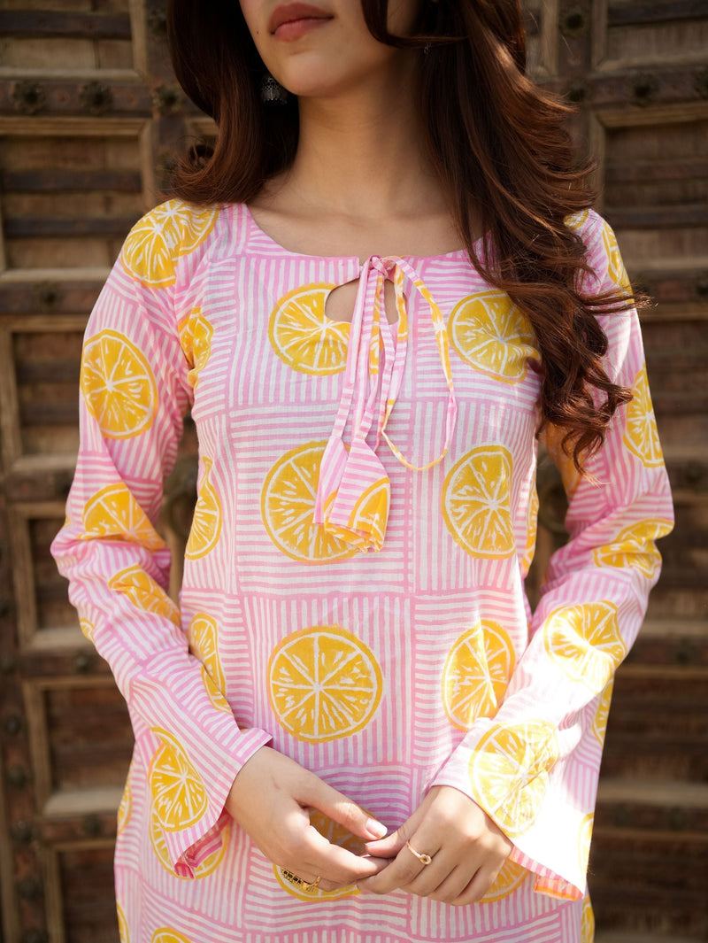 Summer Lemon Sorbet Pink Cotton Kurta Set with Handblock Farshi Salwar