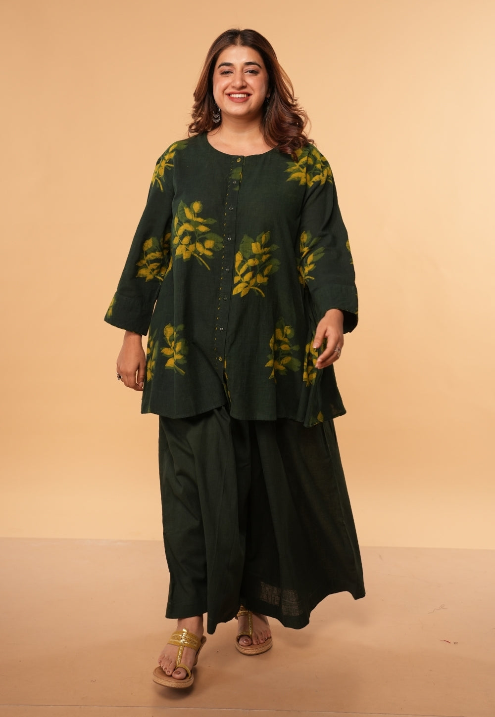 Urva Green Dabu Slub Cotton A Line Short Top