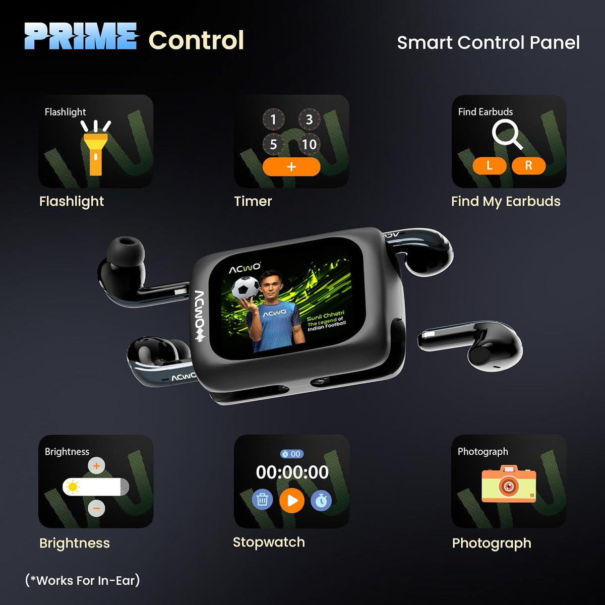 ACwO ACwO Fire Prime TWS Earbuds (in-Ear & Half-in-Ear in 1 Case) | Smart HD Display + 40dB ANC (in-Ear) | 80 Hrs Playtime | | 4 Mics AI-ENC | 3D Spatial Sound | BT V5.4 | Black Prime Black - image 6