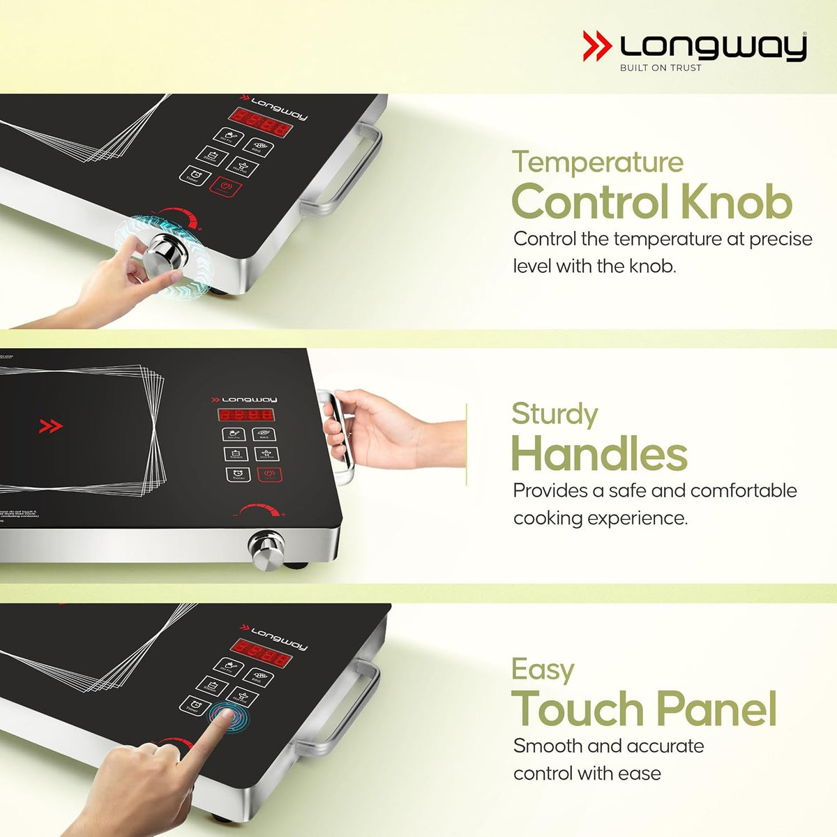 LONGWAY Longway Infralite Pro 2200W Infrared Hot Plate Cooktop with Steel Grill Rack, Crystal Glass Top, Touch Panel & Digital Display, 4 Preset Modes – Stir Fry, BBQ, Hot Pot & Steam, Black - image 5