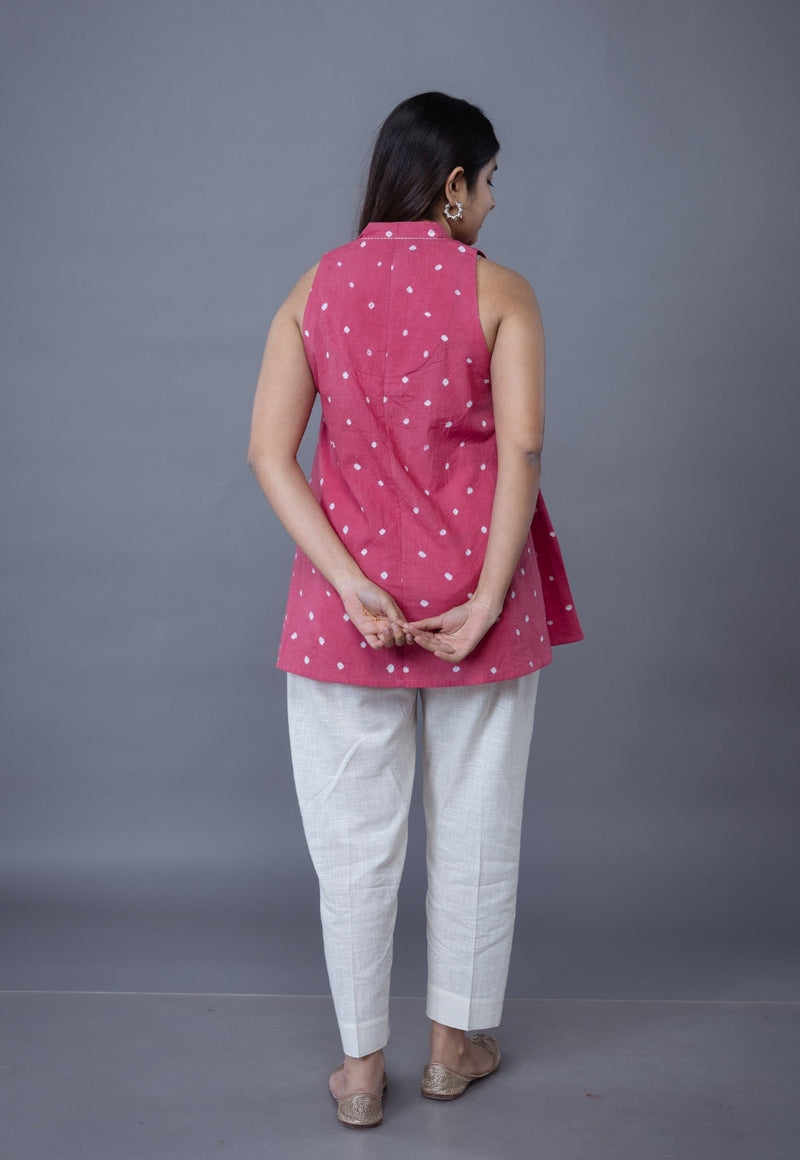 Zivya Pink Bandhani Cotton A Line Short Top