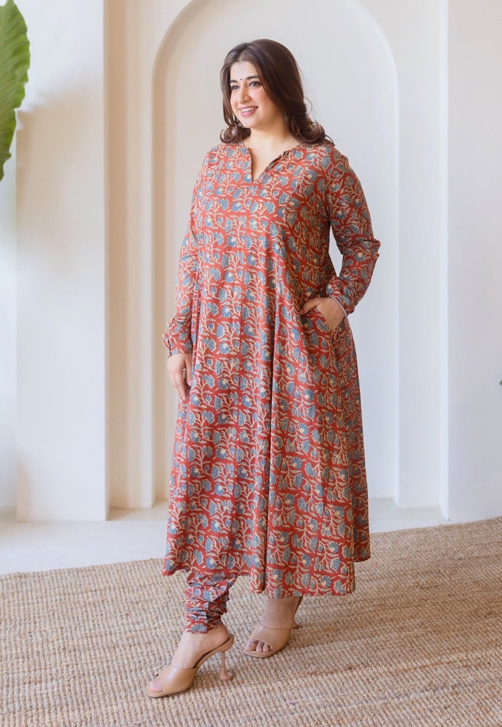 Shinat Red Ajrakh Cotton Kali Kurta with Hand Embroidery