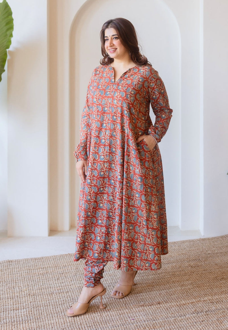Shinat Red Ajrakh Cotton Kali Kurta with Hand Embroidery