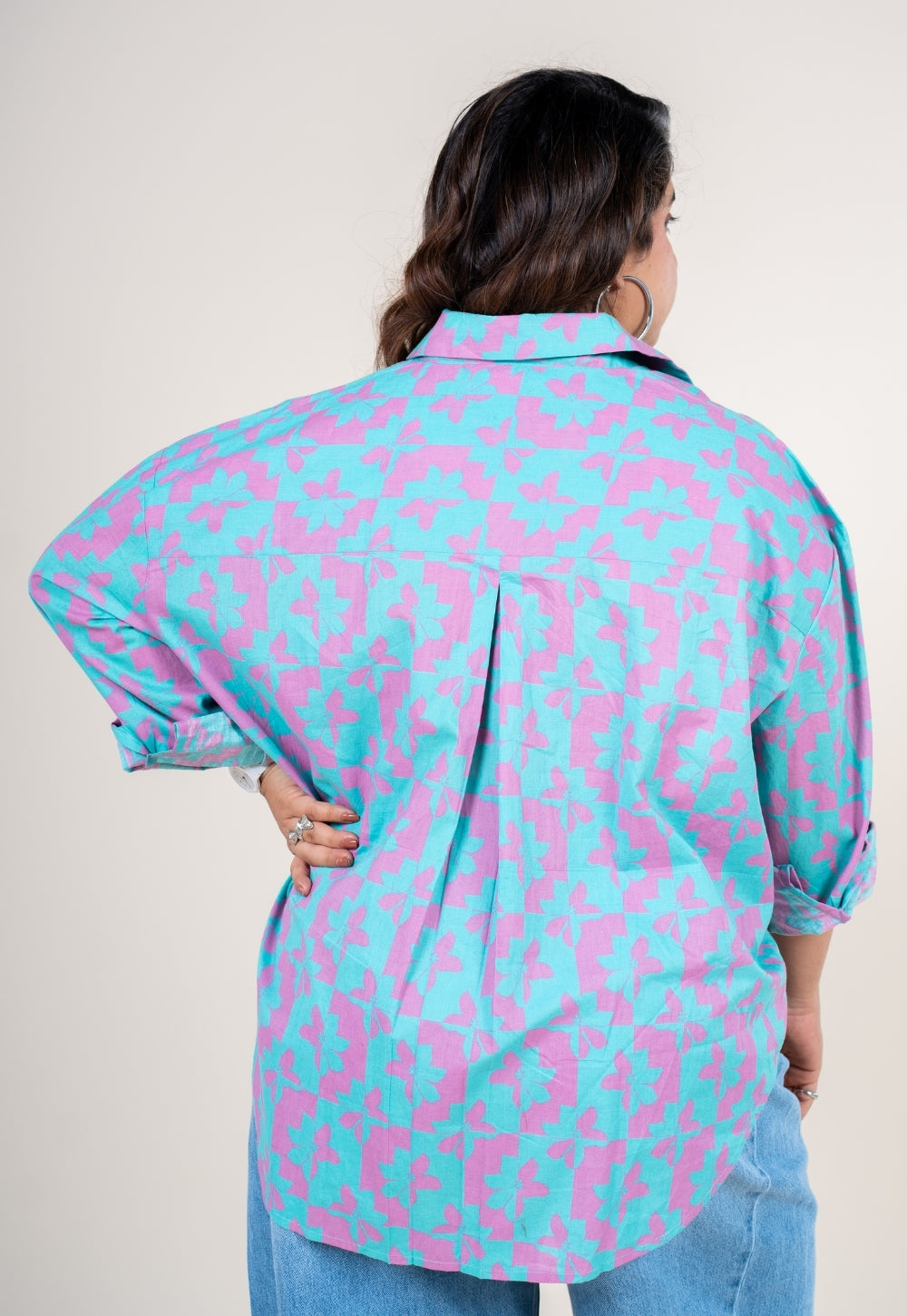 Ruhi Aqua Blue Printed Cotton Straight Shirt