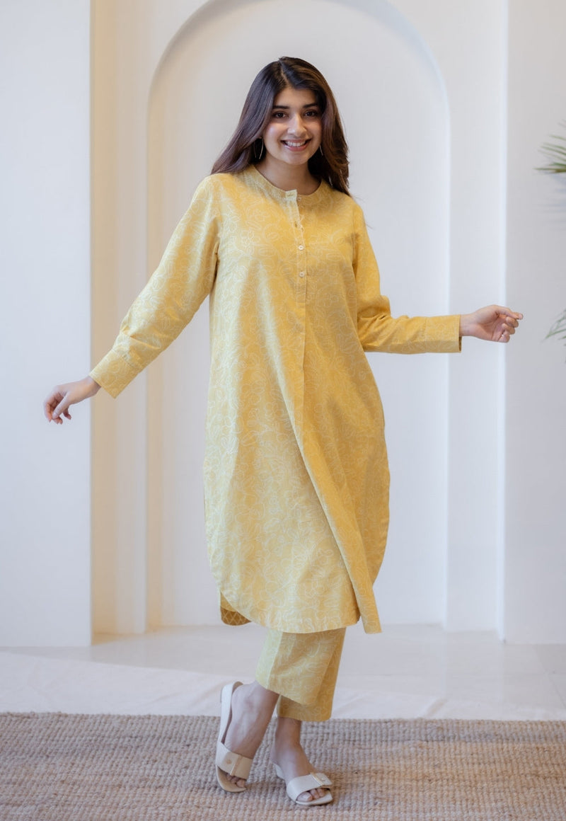Asma Mustard Hand Block Print Slub Cotton A Line Kurta with Hand Embroidery