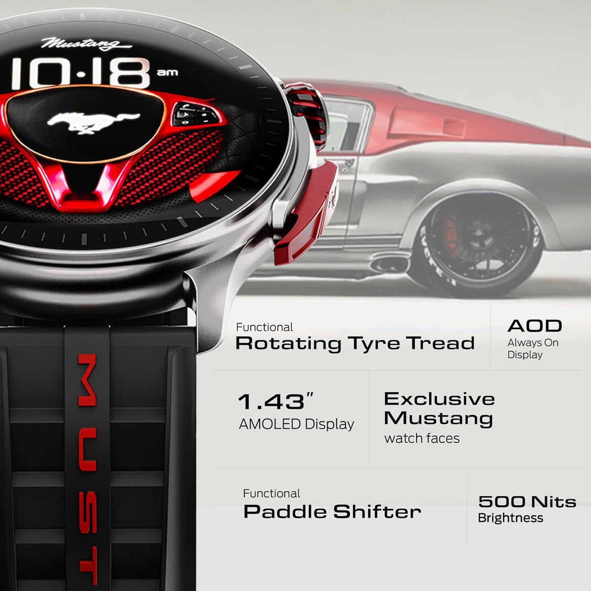 GOBOULT GOBOULT Mustang Racer Smart Watch 1.43'' AMOLED Display, Rotating Bezel, BT Calling, 150+Watchfaces, 500 Nits Brightness, AI Voice Assistant, SpO2 Monitoring, 120+ Sports Mode (Black Blaze) - image 4