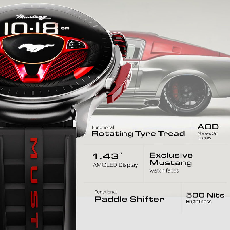 GOBOULT GOBOULT Mustang Racer Smart Watch 1.43'' AMOLED Display, Rotating Bezel, BT Calling, 150+Watchfaces, 500 Nits Brightness, AI Voice Assistant, SpO2 Monitoring, 120+ Sports Mode (Black Blaze) - image 4