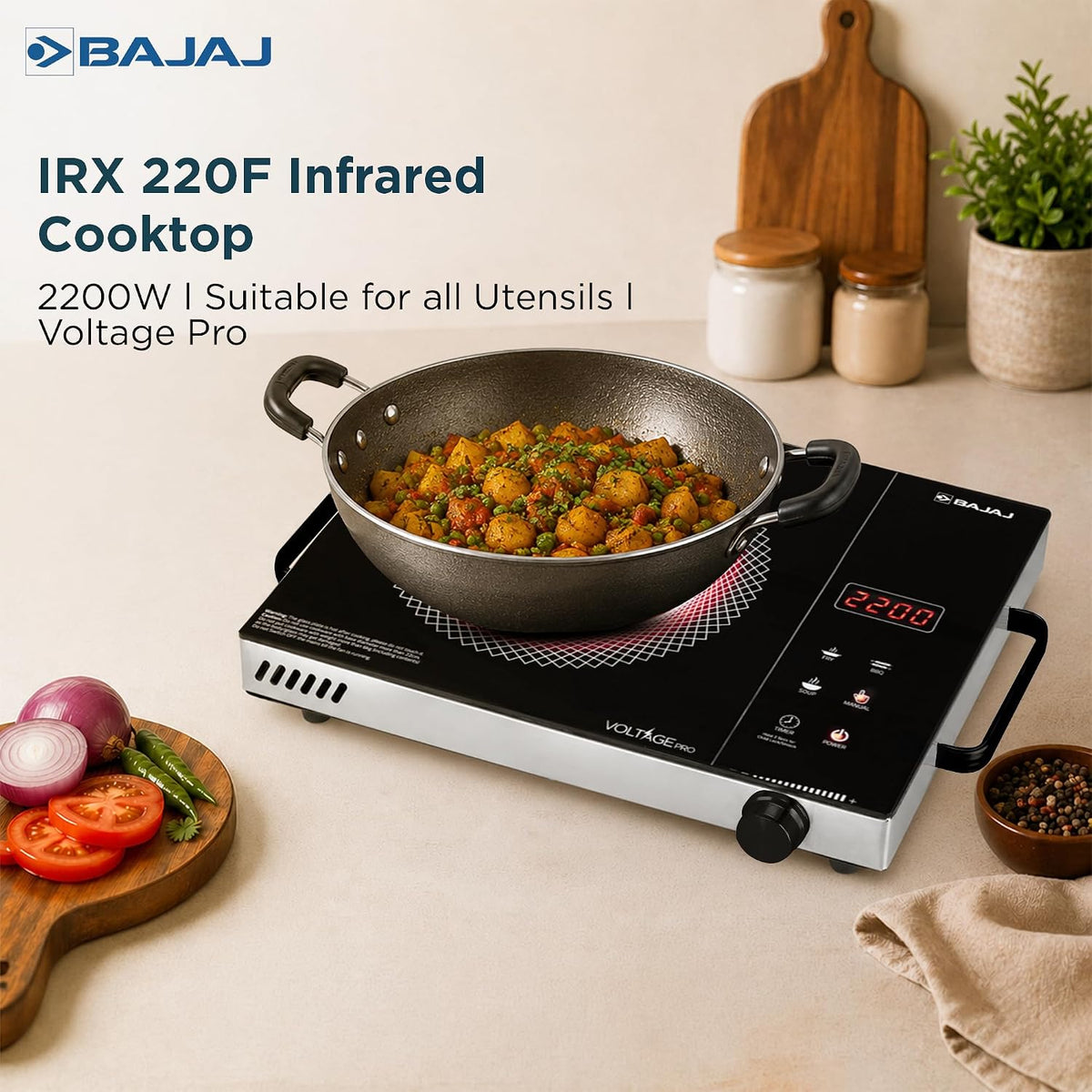 Bajaj Bajaj IRX 220F Infrared Induction Cooktop | 2200 Watts | 11 Power Level | 3 Preset Menu | Feather Touch Controls | Digital display | 1 Year Warranty 【Black/Silver】 - image 2